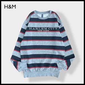 【H&M】HARLEM CITY NEW YORK 刺繍ロゴ ボーダー スウェット トレーナー プルオーバー マルチカラー SMALL エイチ アンド エム US古着