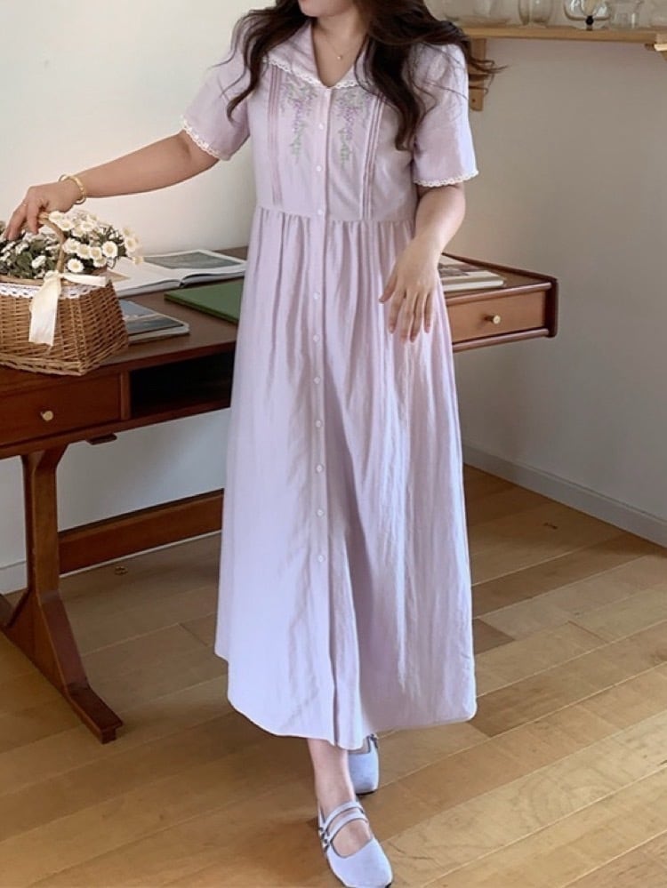 甘さも上品さも ラベンダー花刺繍ワンピ 襟付き フレンチガーリー 半袖