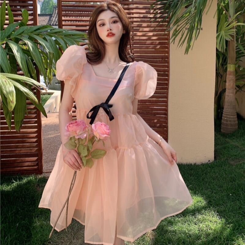 スリーブドレス サマーソリッド カラーウェストスリムスカート 大人ガーリー スウィート キュート カジュアル 夏物 ソリッドカラー YY-ファッション86183271909