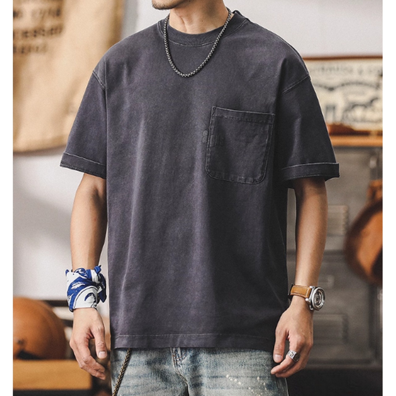 ヴィンテージ加工 ポケット付きTシャツ 10115