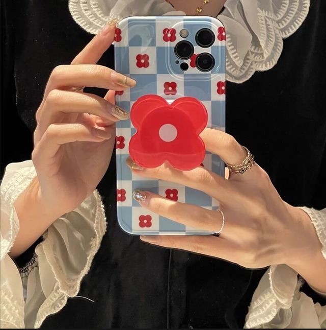 iPhoneケース iPhone13 iPhone12 グリップ付 花 フラワー ギンガムチェック 1320