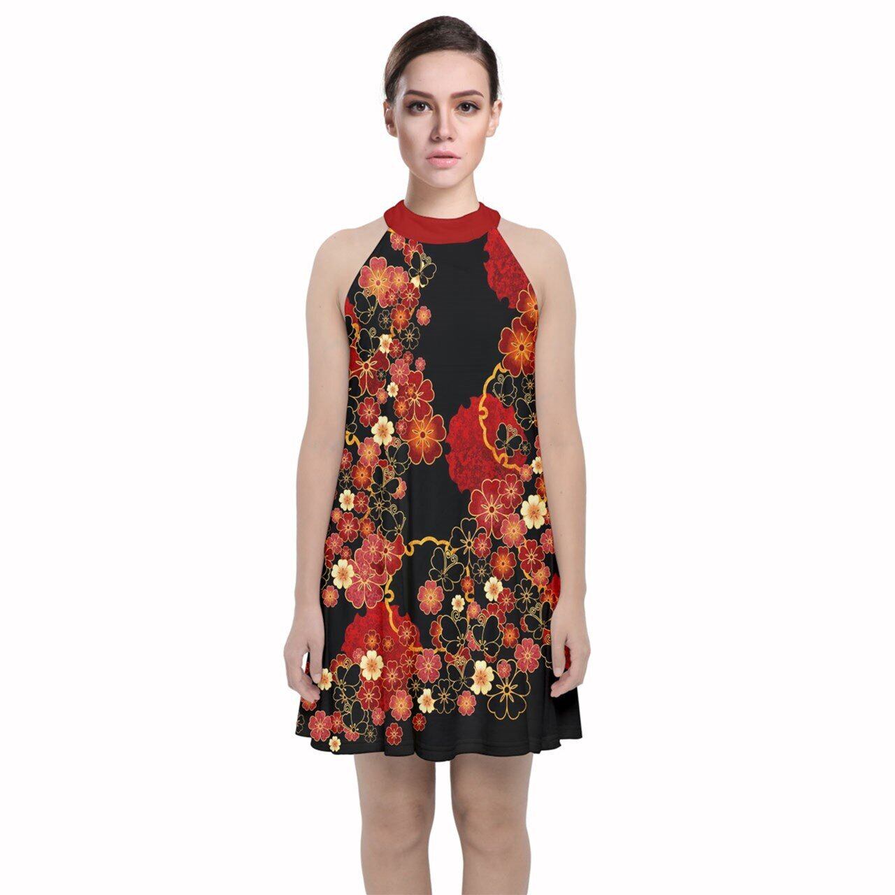 桜家紋蝶家紋black シフォン Or ベルベットホルターネックワンピース Baroque Japanesque バロックジャパネスク 桜家紋蝶家紋black シフォン Or ベルベットホルターネックワンピース Baroque Japanesque バロックジャパネスク