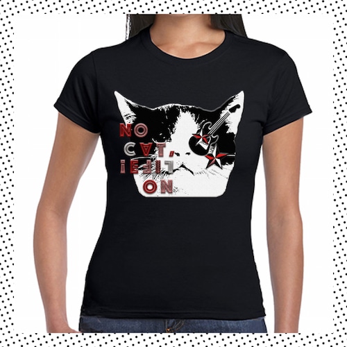 送料込み「NO CAT, NO LIFE」猫フェイス　レディース　半袖Tシャツ　５.３オンス　ブラック
