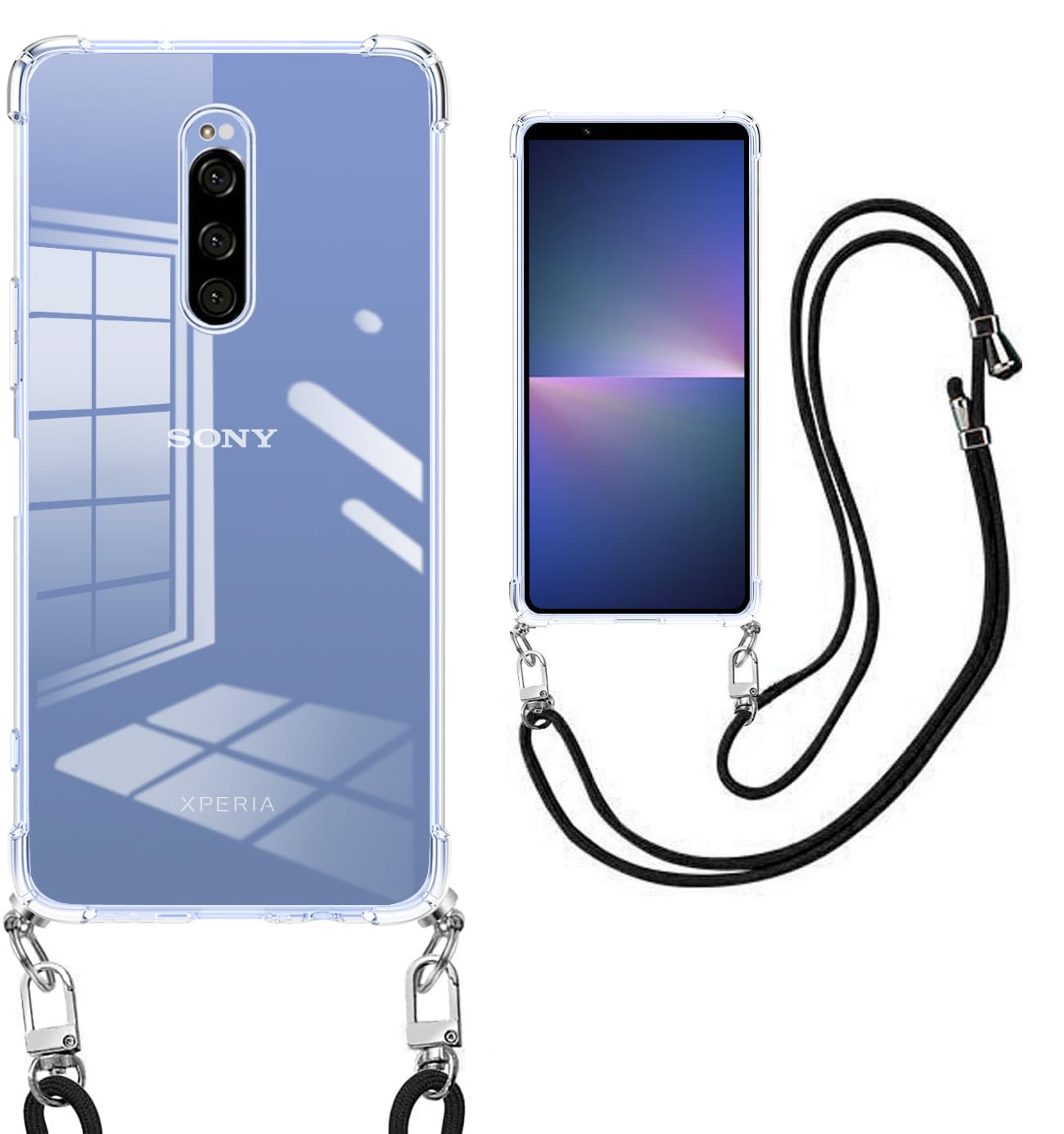 weiaoluo Xperia 1ケース ショルダークリア SO-03L SOV40 カバー 耐衝撃 薄型 TPU 軽量 肩がけ 首掛け エクスペリア 1 携帯ケース 紐付きバンパー ストラップホール付き 韓国 透明 ストラップ着脱可 調節 Qi充電 ワイヤレス充電 傷防止(クリア)