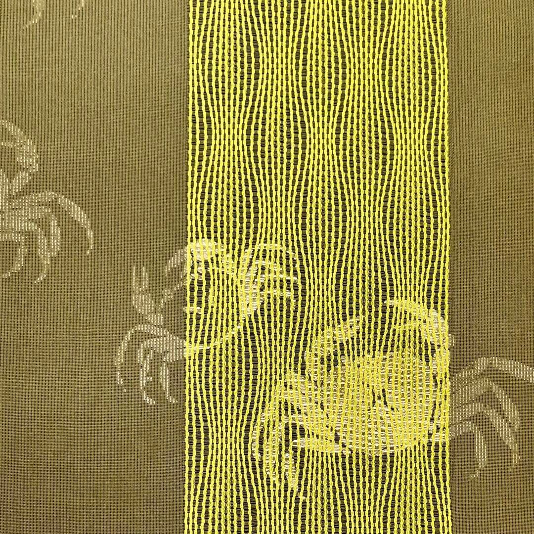 袋帯 紗紬から透けて見える蟹柄 縦よれ縞織模様 金通し 千歳茶色 O  