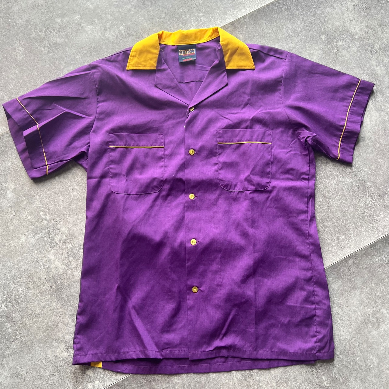 80s USA製 Hilton ボーリングシャツ 古着 ブロックロゴ 紺タグ | ONE 