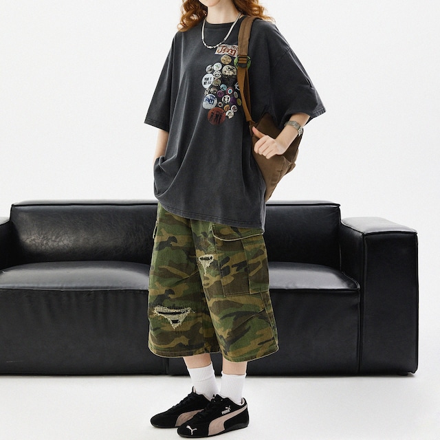 缶バッジプリントデザインビッグシルエットTシャツ   R00274