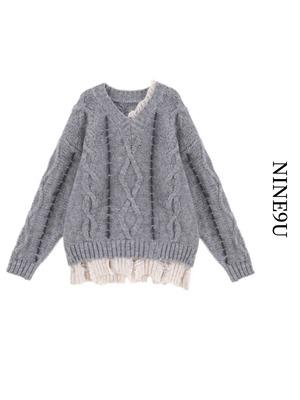 fringe layered v-neck cable-knit【NINE9804】