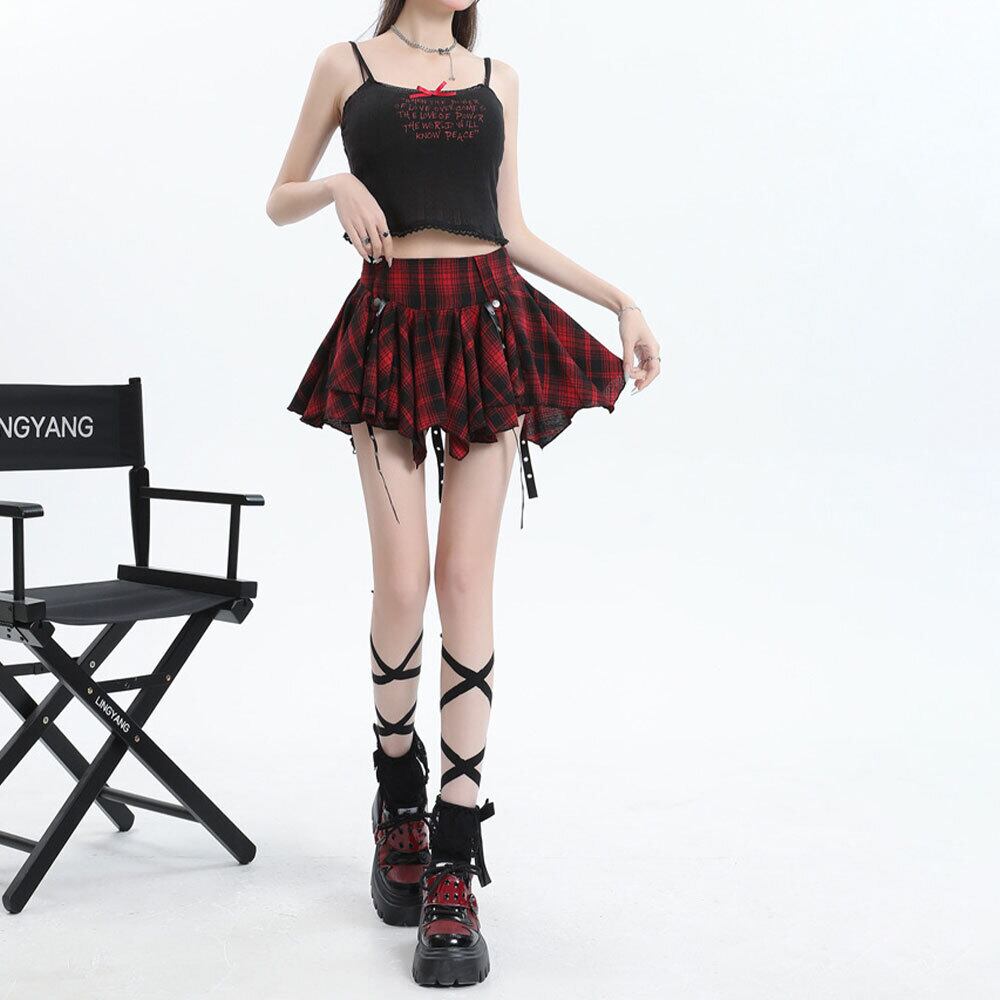 【送料無料】 チェック柄 ミニスカート アシンメトリー レディース 春夏 韓国 原宿系 ストリート アメカジ 大人 カジュアル かわいい ロック パンク Y2K 裏地付き 大人可愛い 大人女子