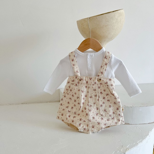 【BABY】ローズ小花柄デニムサロペットロンパース - 6