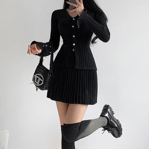 tops＆short-cardigan rib-knit flare-sleeve set-up la2329