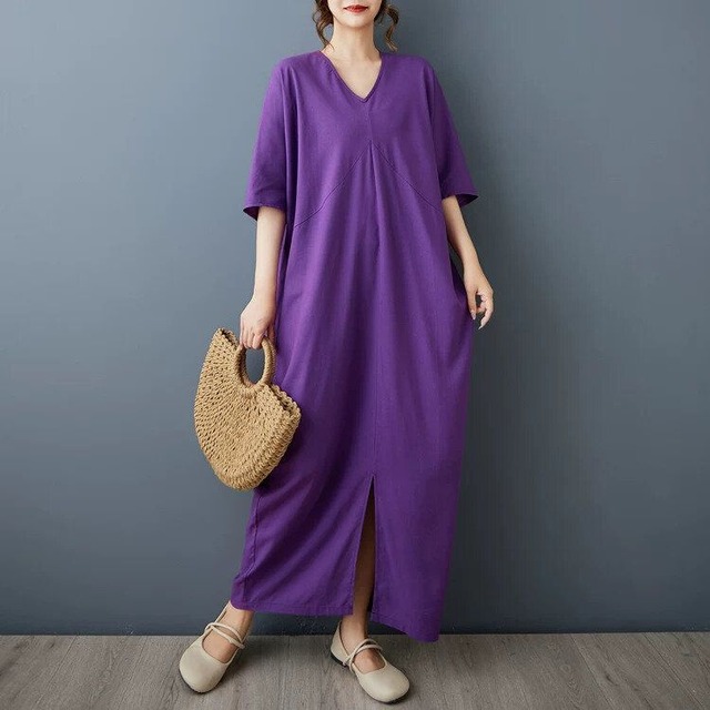 PURPLE V-NECK 3/4 SLEEVES MAXI PULLOVER DRESS 1color M-17058