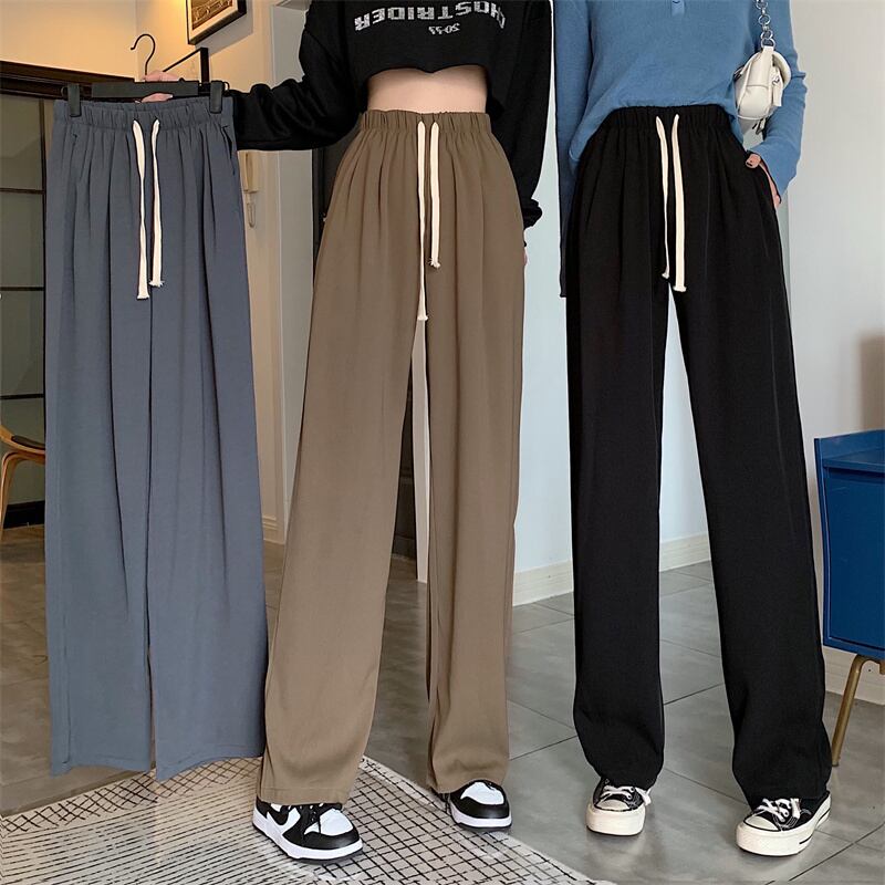 ブラックカジュアルパンツ スプリングオータムルーズハイウェストウェストワイドレッグ 春物 秋物 ワイドパンツ 1号婦人83784809318