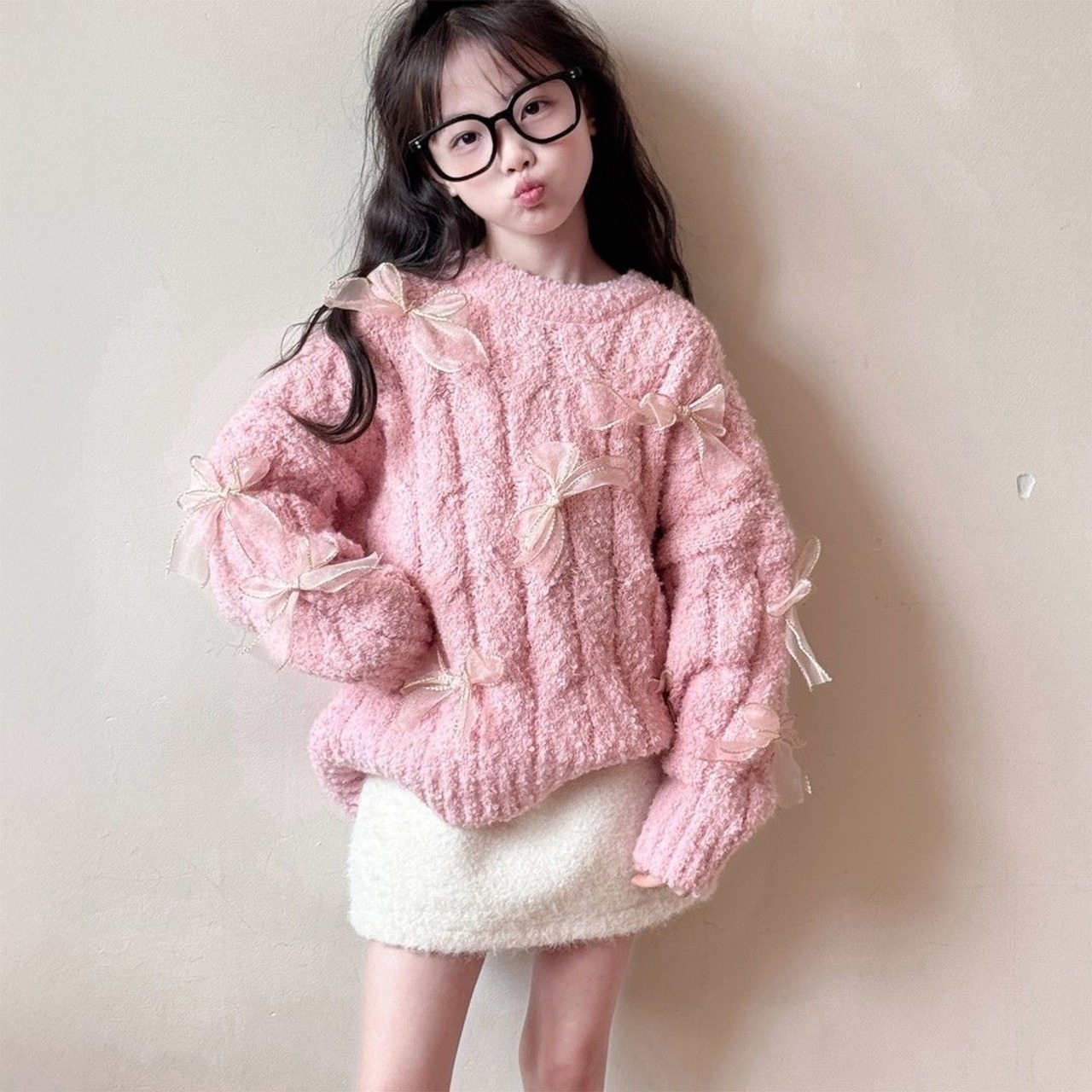 冬蝶結びデザインロングニット