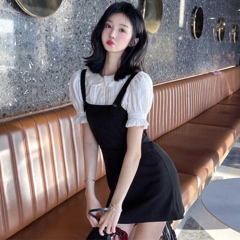 カラースリーブホワイトシャツ サマーウェストショートスカート ドレス 大人ガーリー スウィート キュート カジュアル 夏物 ガールズファッション15613524817