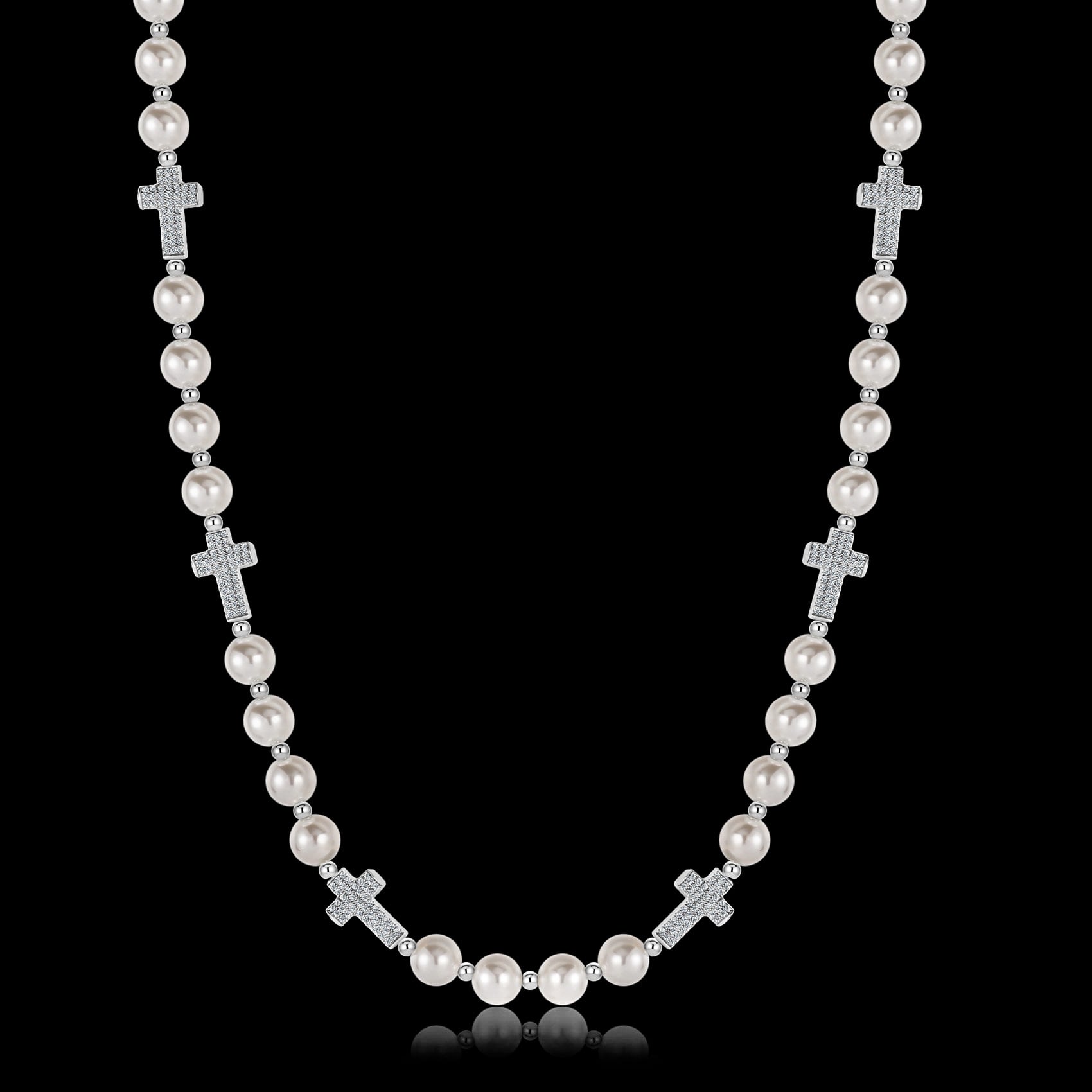 316L Pavé cross × shell pearl necklace 【シルバー】
