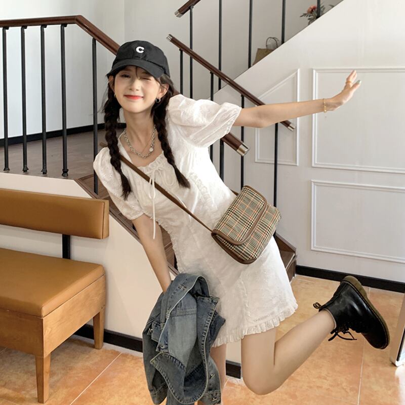 スリーブホワイトドレス サマーショートスカート 大人ガーリー スウィート キュート カジュアル 夏物 試着室95460732887