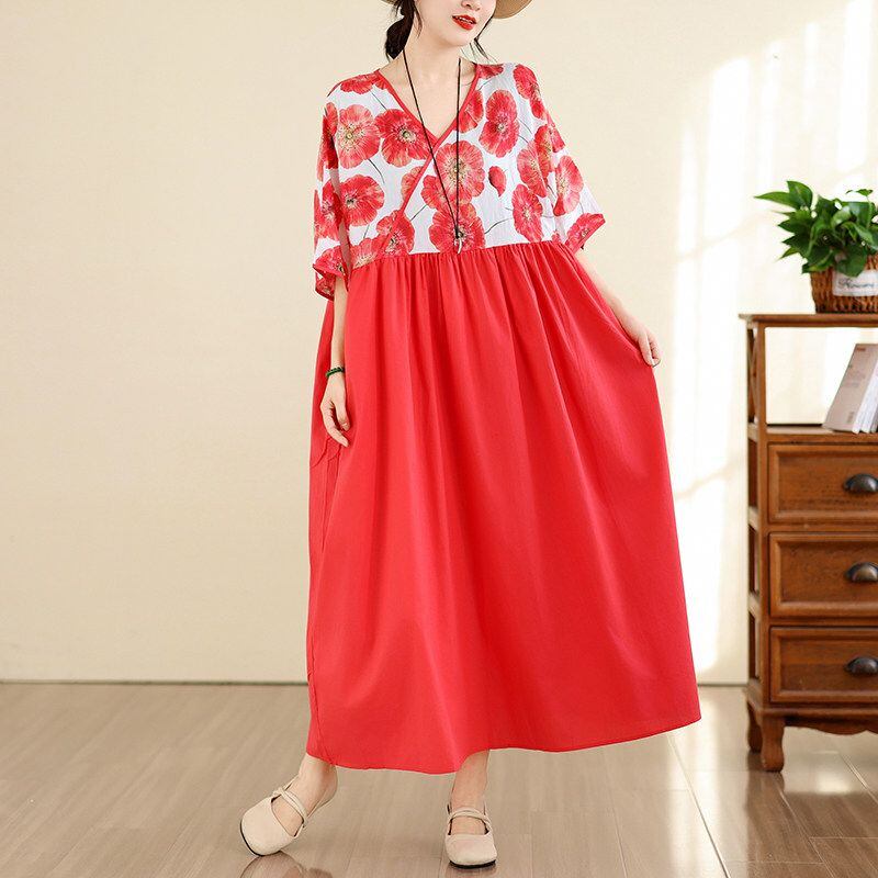 FLORAL V-NECK ASYMMETRIC LOOSE LONG DRESS M-17672