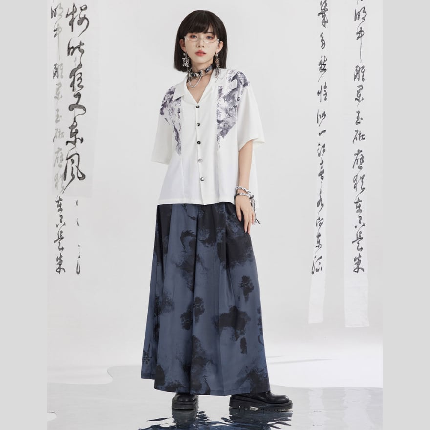 宵闇を泳ぐ墨龍 ドラゴン柄ワイドシルエット中華サブカル系ワイドパンツ