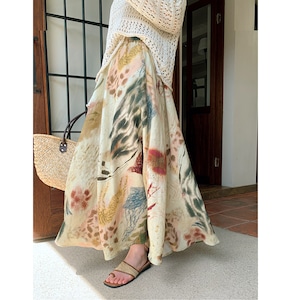 floral oil painting linen skirt<sk3183>