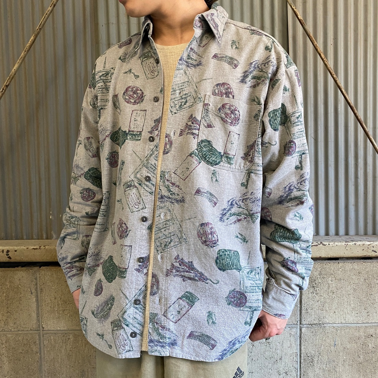 90年代 USA製 Wool Rich ウールリッチ 釣り魚 総柄 オールプリント 