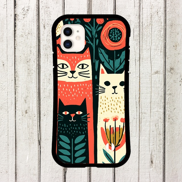 受注生産 iPhoneケース 猫の顔と花の民芸パネル｜猫モチーフ FMSY021A