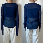 tulle sheer crew neck tops/darkblue