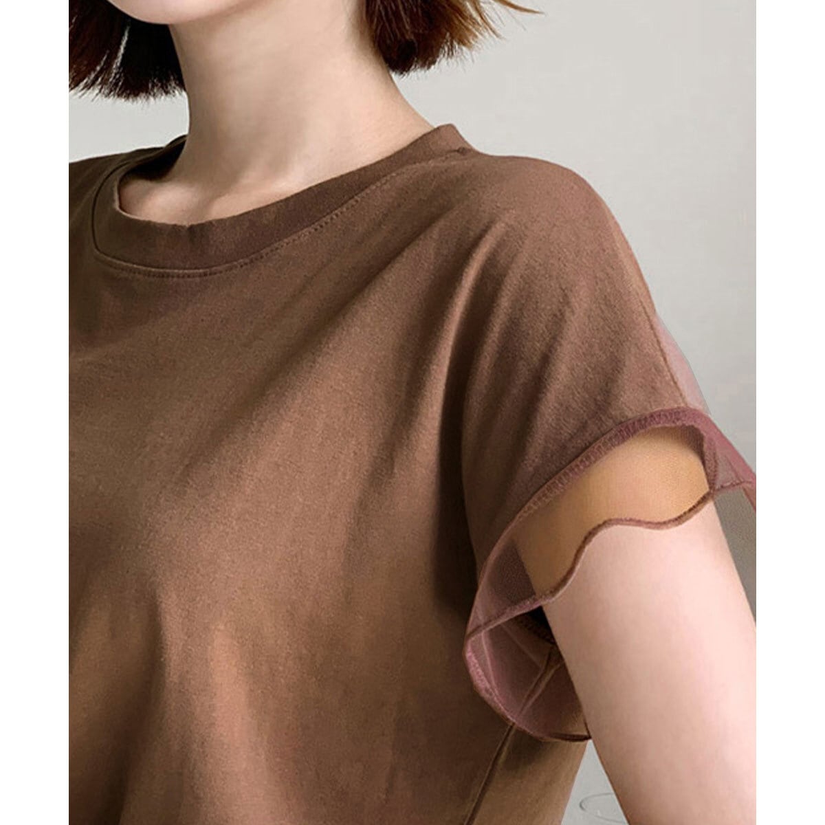 袖チュール Tシャツ レディース 春夏 韓国 きれいめ 大人 かわいい おしゃれ シンプル カジュアル フェミニン 半袖 無地 トップス 大人可愛い 大人女子