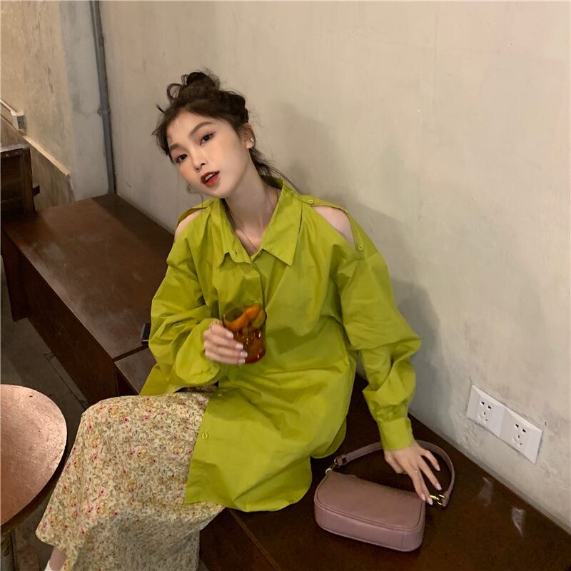 シャツ スプリングオータムドレス スタンダードスタイルトップス ロング レトロ 大人ガーリー スウィート キュート カジュアル 春物 秋物 オフショルダー 萌量不足24115059477