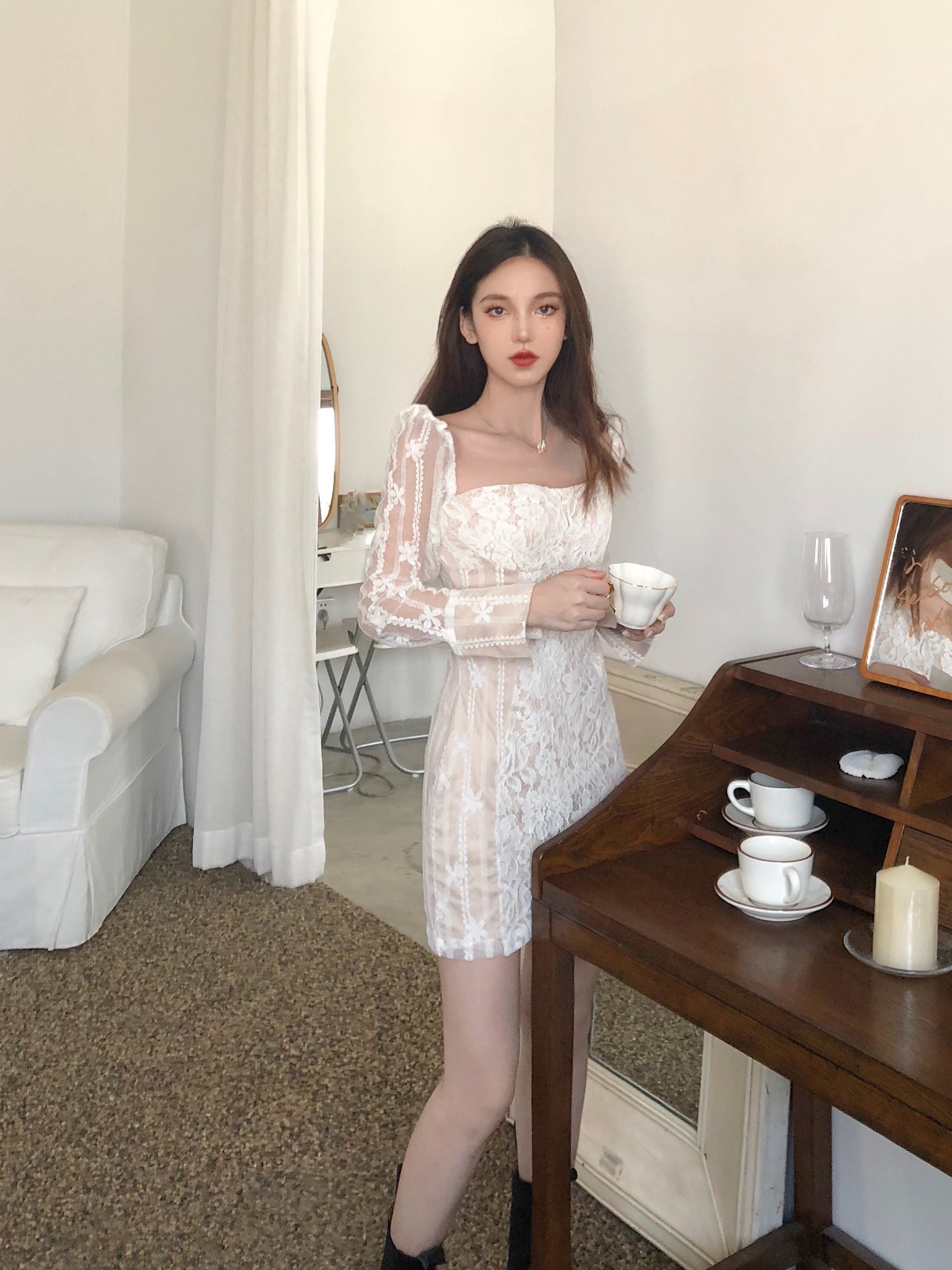 ドレス レースカラースカート スプリングホワイトウェストスリムショート ロング 春物 スクウェア ブラックストロベリース86756039501