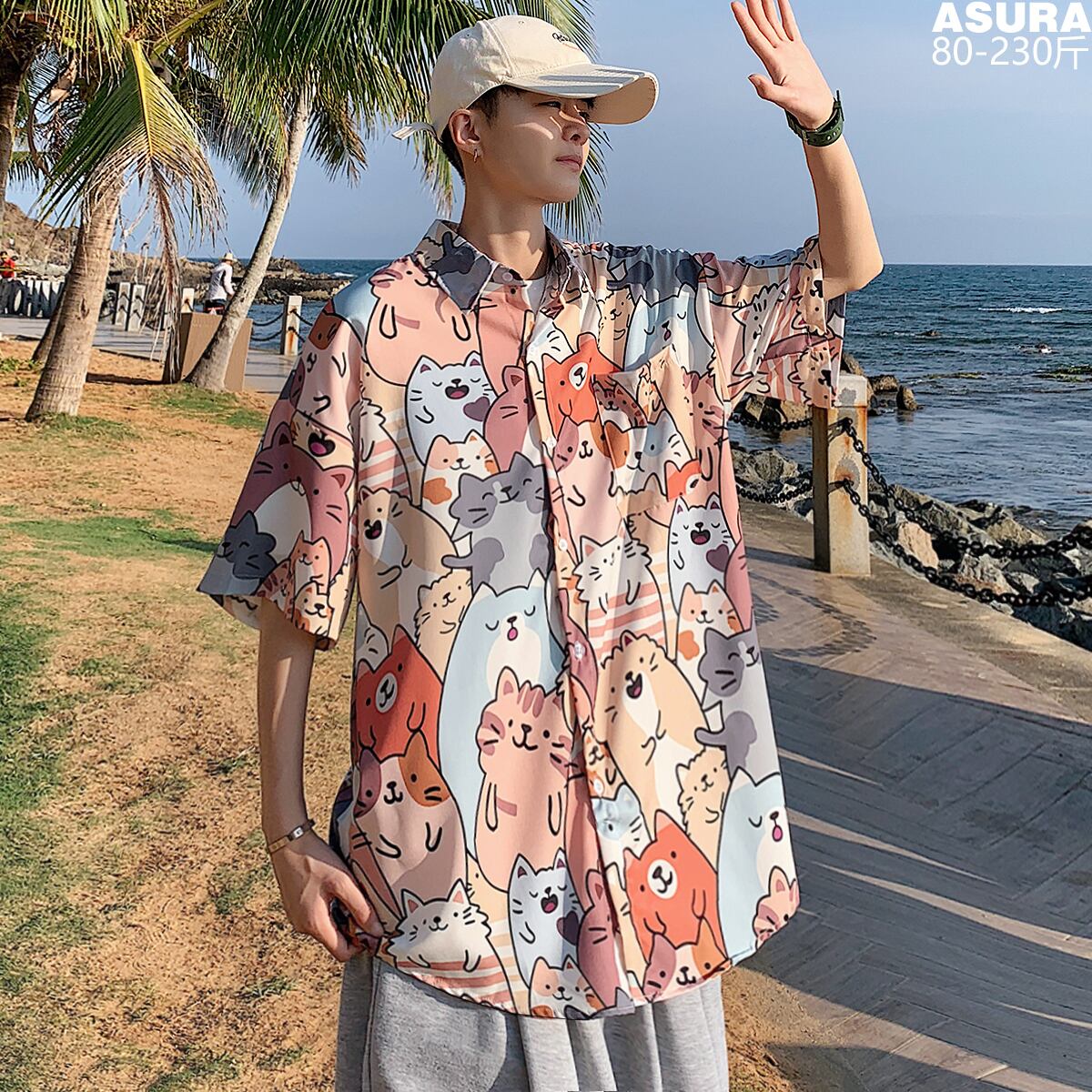 Flowerデザイン シャツ カジュアルルーズサマー薄手 大きめサイズ 夏物 ビーチ フラワーデザイン ASURAプラスサイズメンズ56966438452