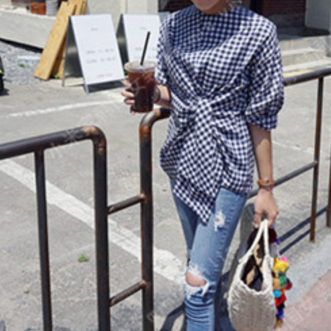 リボン付き ギンガムチェック柄 七分袖 ブラウス 　全2色　 00077