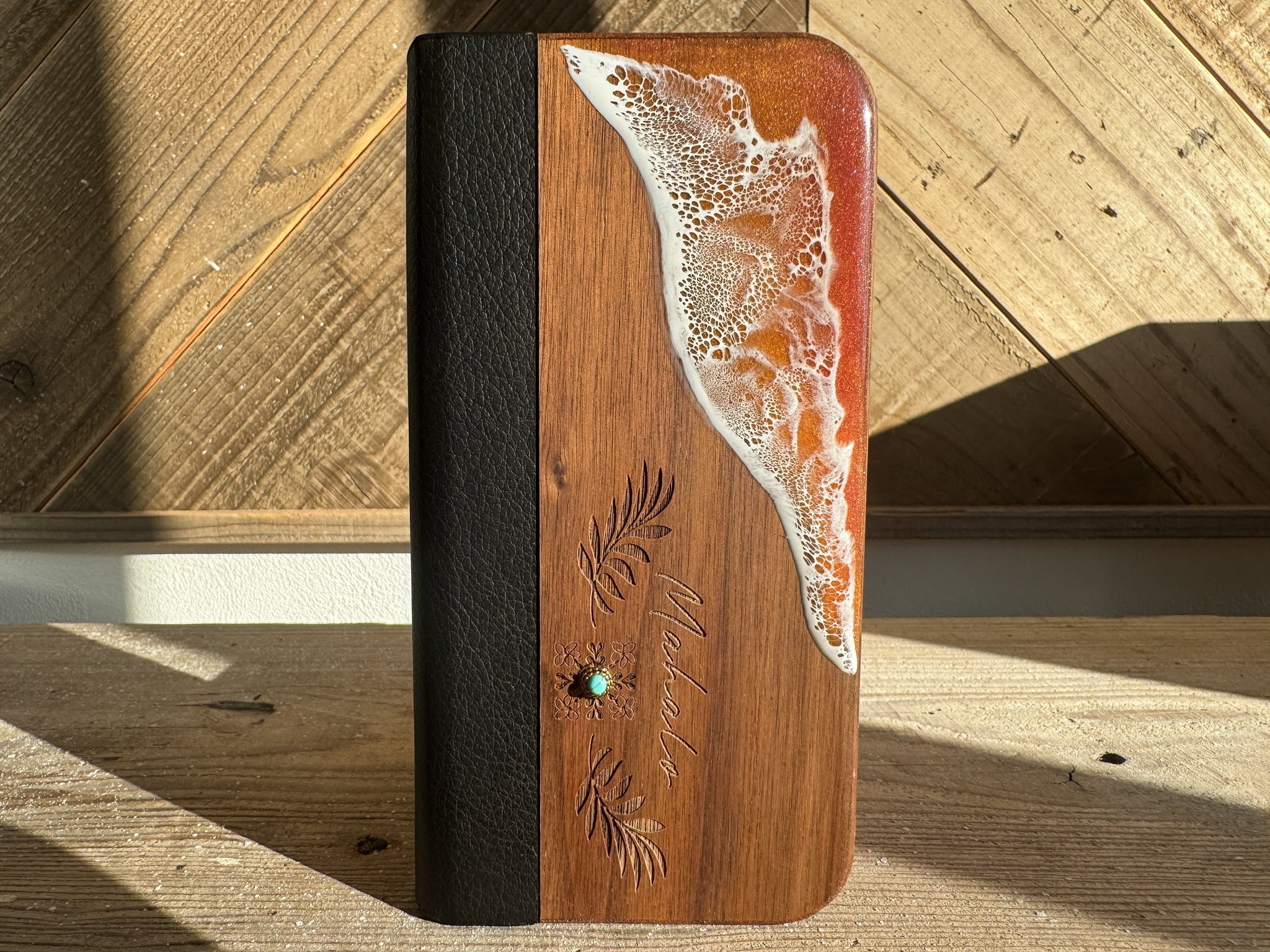 Island emblem/wood×resin sunset orange wave 手帳型case(walnut)