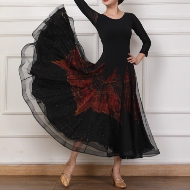 シースルースリーブ ミモレフレア ラウンドネック ダンスドレス ds1434