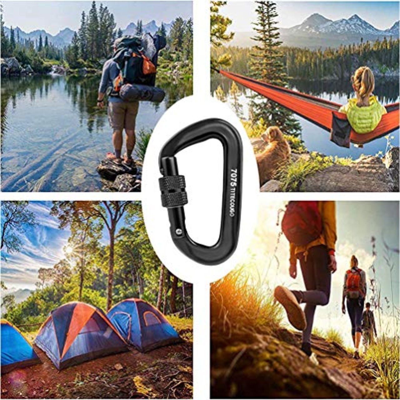 TITECOUGO スクリューロックカラビナ 12Kn アルミ合金 カラビナ 1200Kg ねじ式 Dリング 登山釦 超軽量 キーホルダー ハンモック キャンプ パックフック 荷重 アウトドア 脱落防止 [ブラック・1 個]