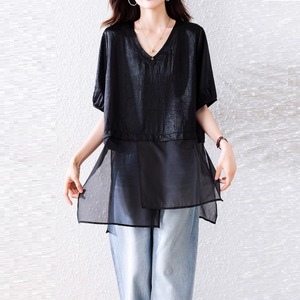 【送料無料】 Tシャツ 30代 40代 女性用 レディース ママ トップス シアー ロング丈 アシンメトリー丈 チュニック 大きい ゆったり 半袖 Uネック Aライン フレア プルオーバー 異素材切り替え ドッキング 透け感 シースルー 薄手生地 無地 かわいい 大人可愛い 大人女子 こなれ感 シンプル カジュアル 大人 おしゃれ お洒落 ラフ コンサバ お出かけ お茶会 休日 夏 着回し プチプライス デイリーユース 普段使い ファッション 定番アイテム 着痩せ 垢抜け ブラック 大人カラー モノトーン