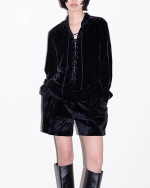 1970s Yves Saint Laurent - lace-up velvet pullover shirt