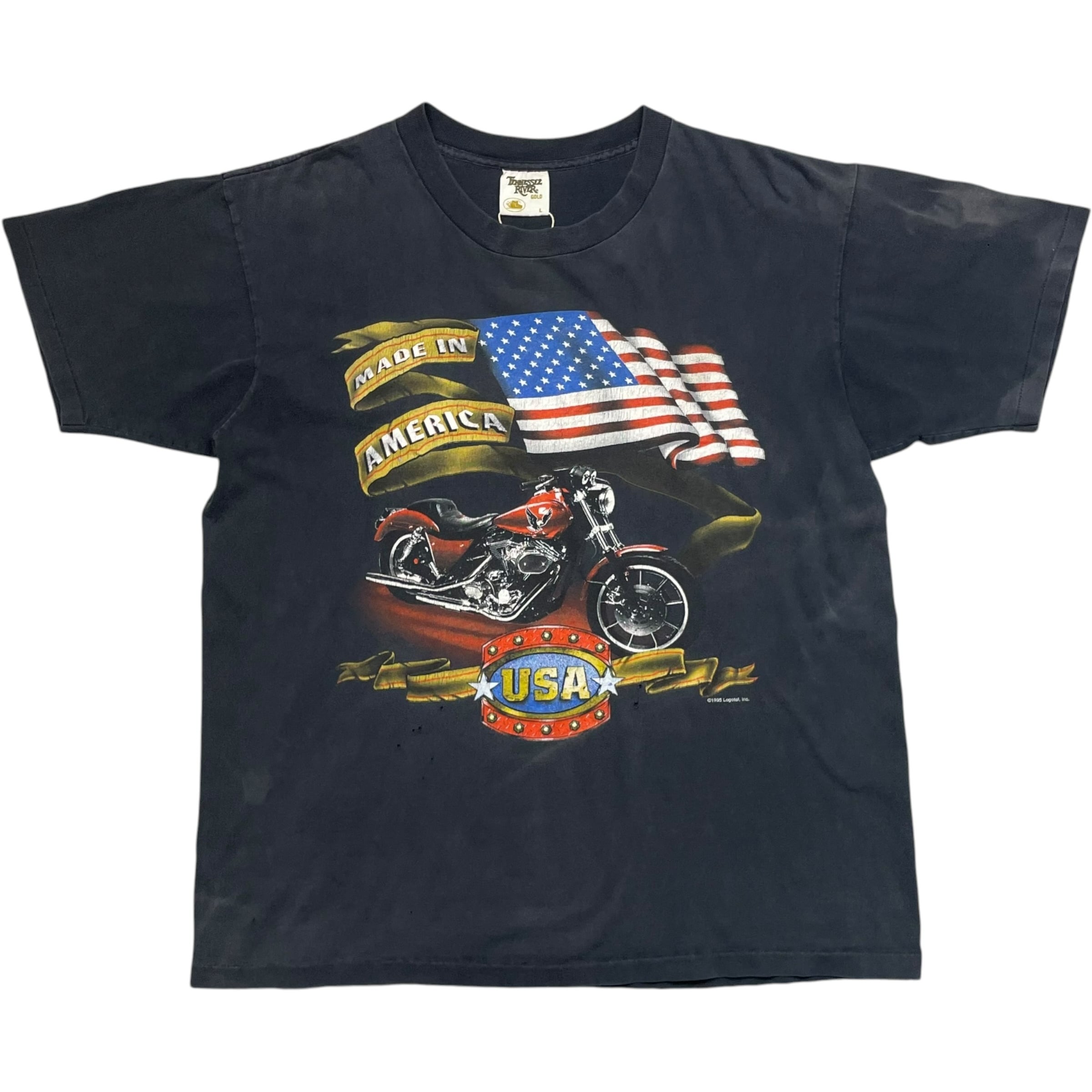 《L》TENNESSEE RIVER テネシーリバー Tシャツ フロントプリント バイクプリント ダメージ フェード ブラック USA製 90年代 vintage no.10371
