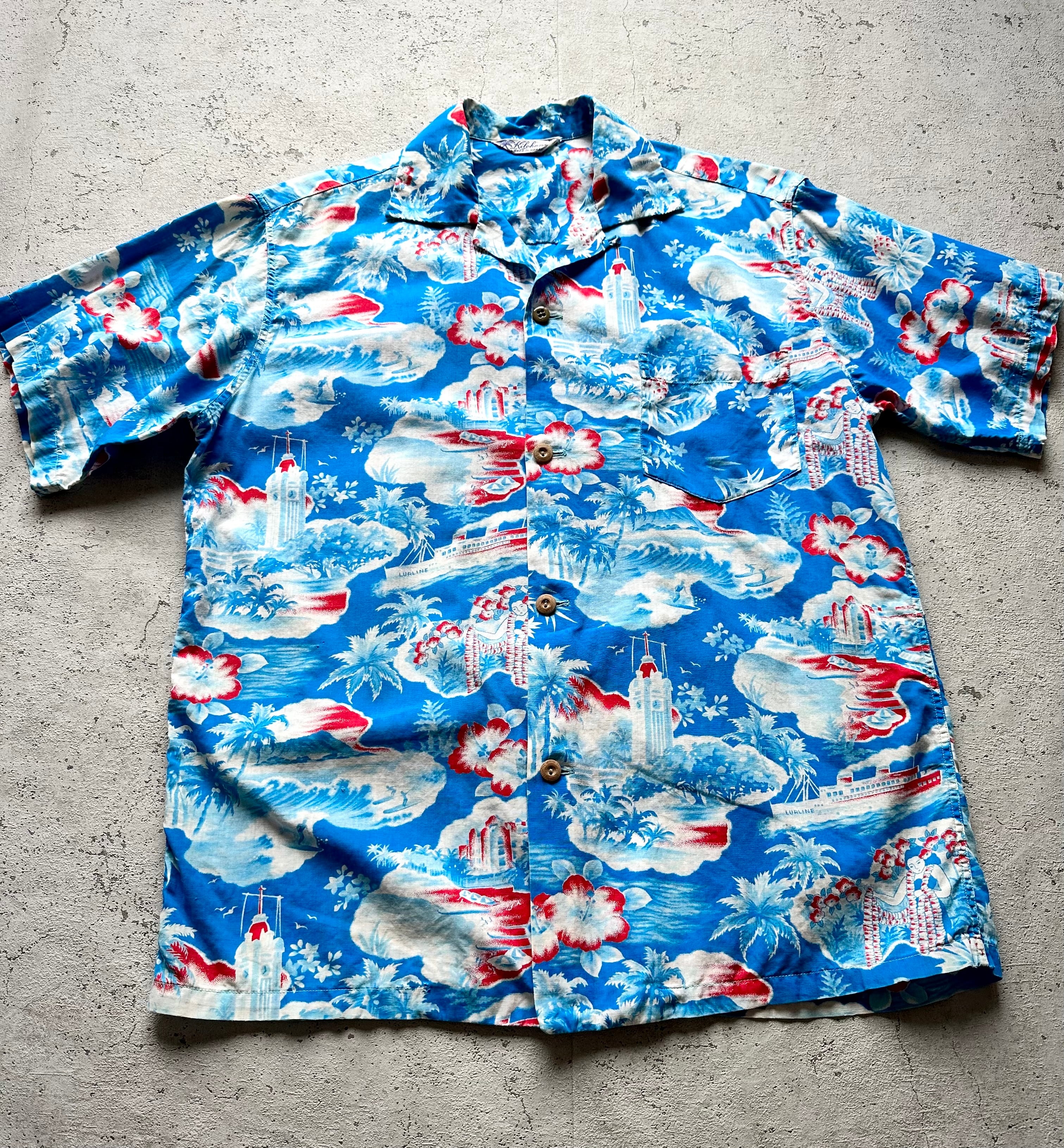 50s 60s usa vintage Fish cotton アロハ シャツ