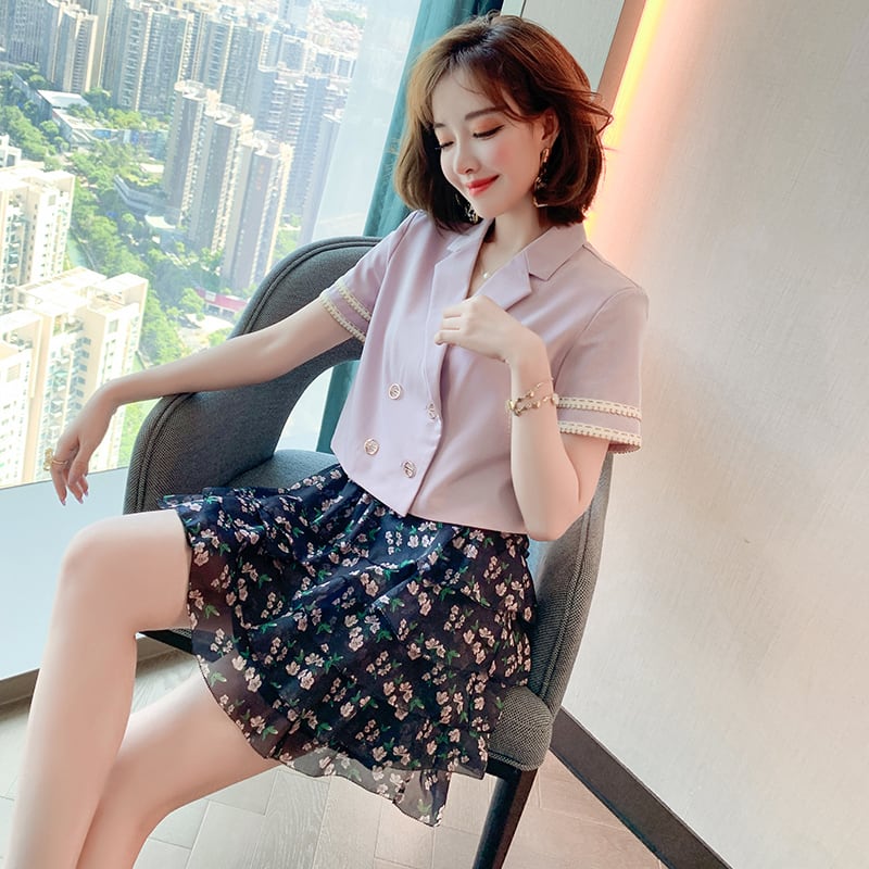 ダブルブレストショートブレザー プリントスカート MIUCO8151840538