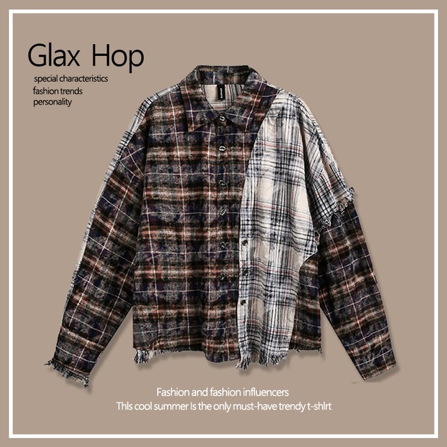 【Glaxhopシリーズ】★シャツ★ トップス 男女兼用 メンズ ウォッシュド加工 フリンジ チェック柄 ダメージ加工