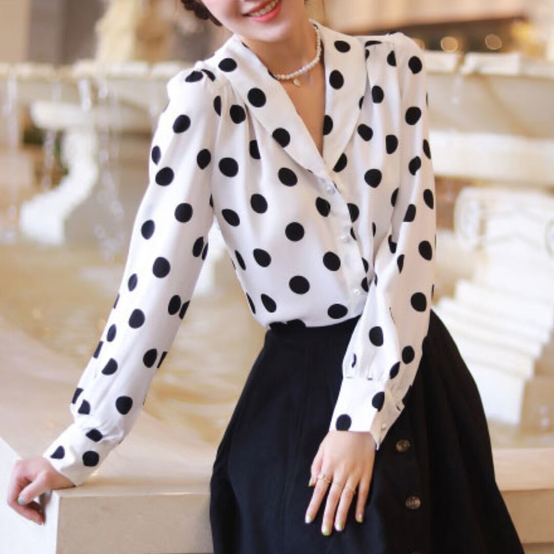 秋 ポルカドット柄 Vネック 長袖シャツブラウス 00555
