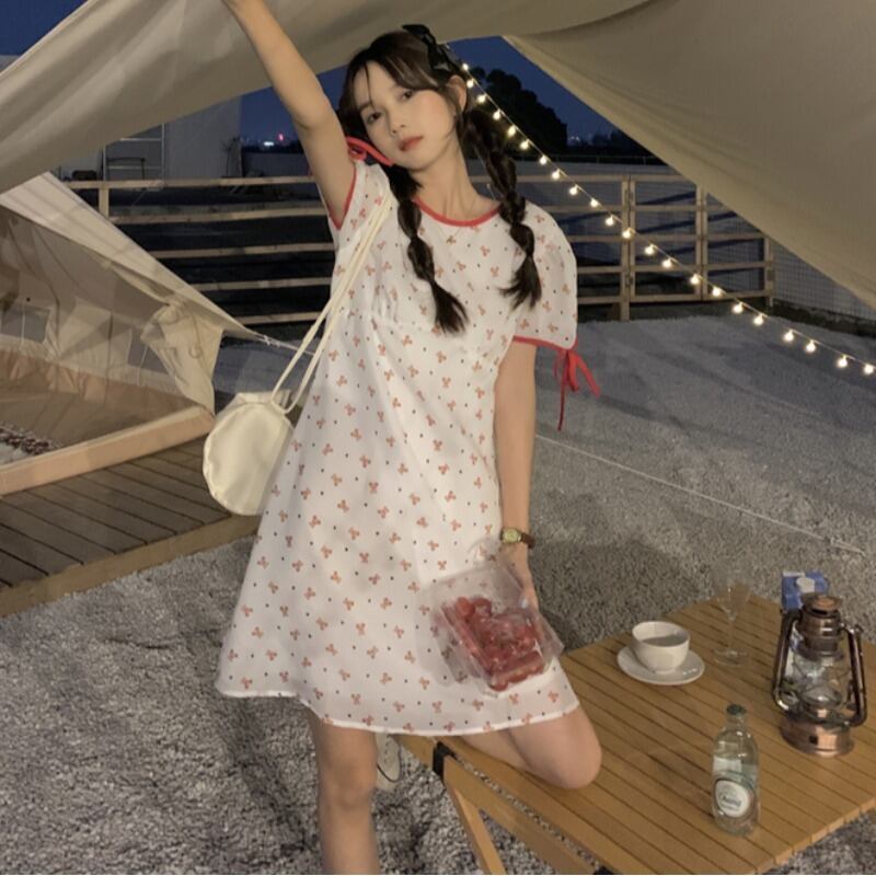 スタンダードショートスカート スタイルルーズAラインドレス レトロ フラワーデザイン ハンチェンe9628073013