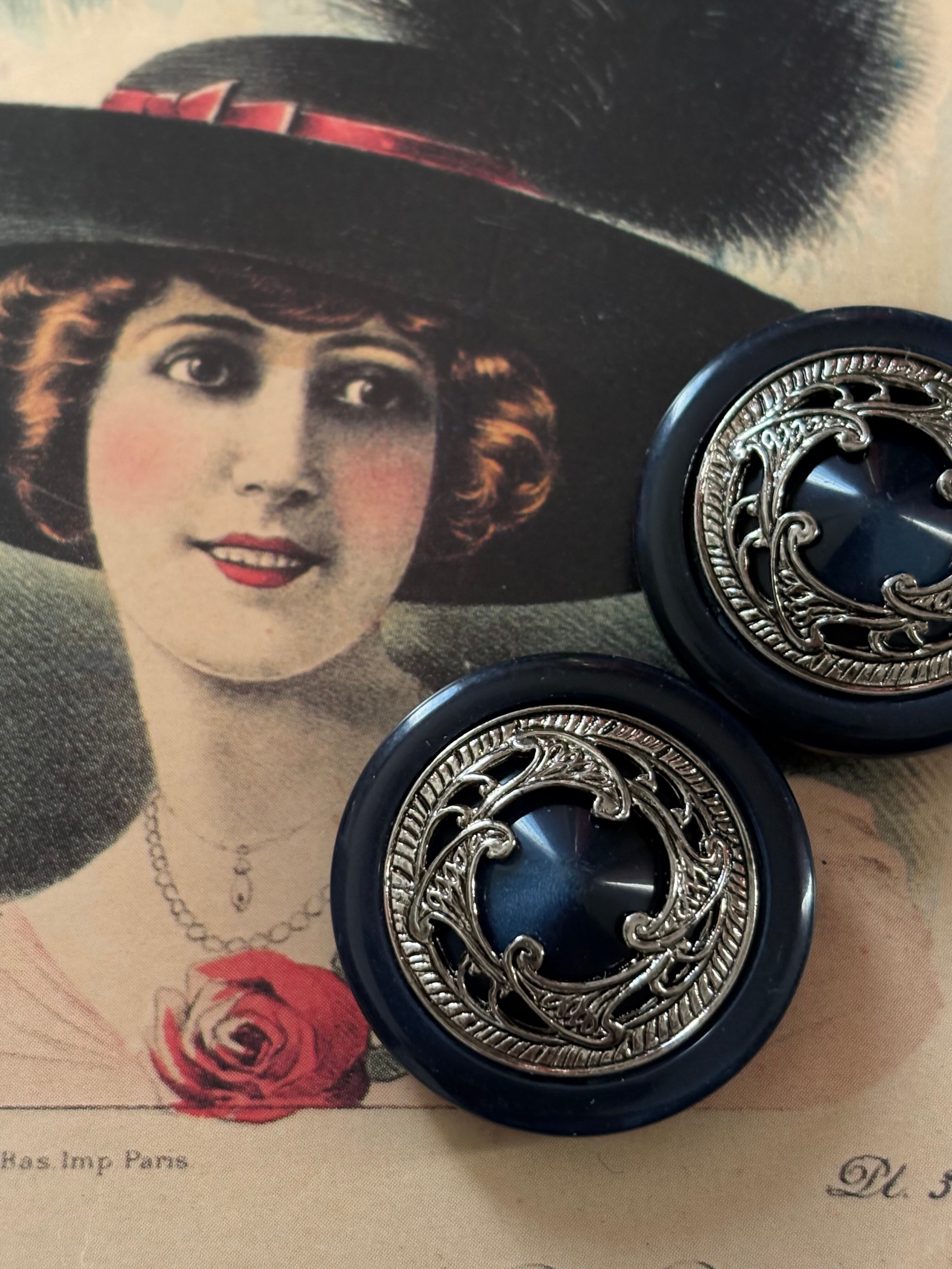 30mm Japanese Vintage ボタン ネイビー×シルバー メダリオン レトロ アクセサリーパーツ カルトナージュ デコレーション