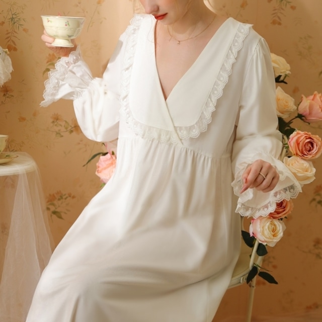 【M-XL】feminine style v-neck lace frill roomwear p1000