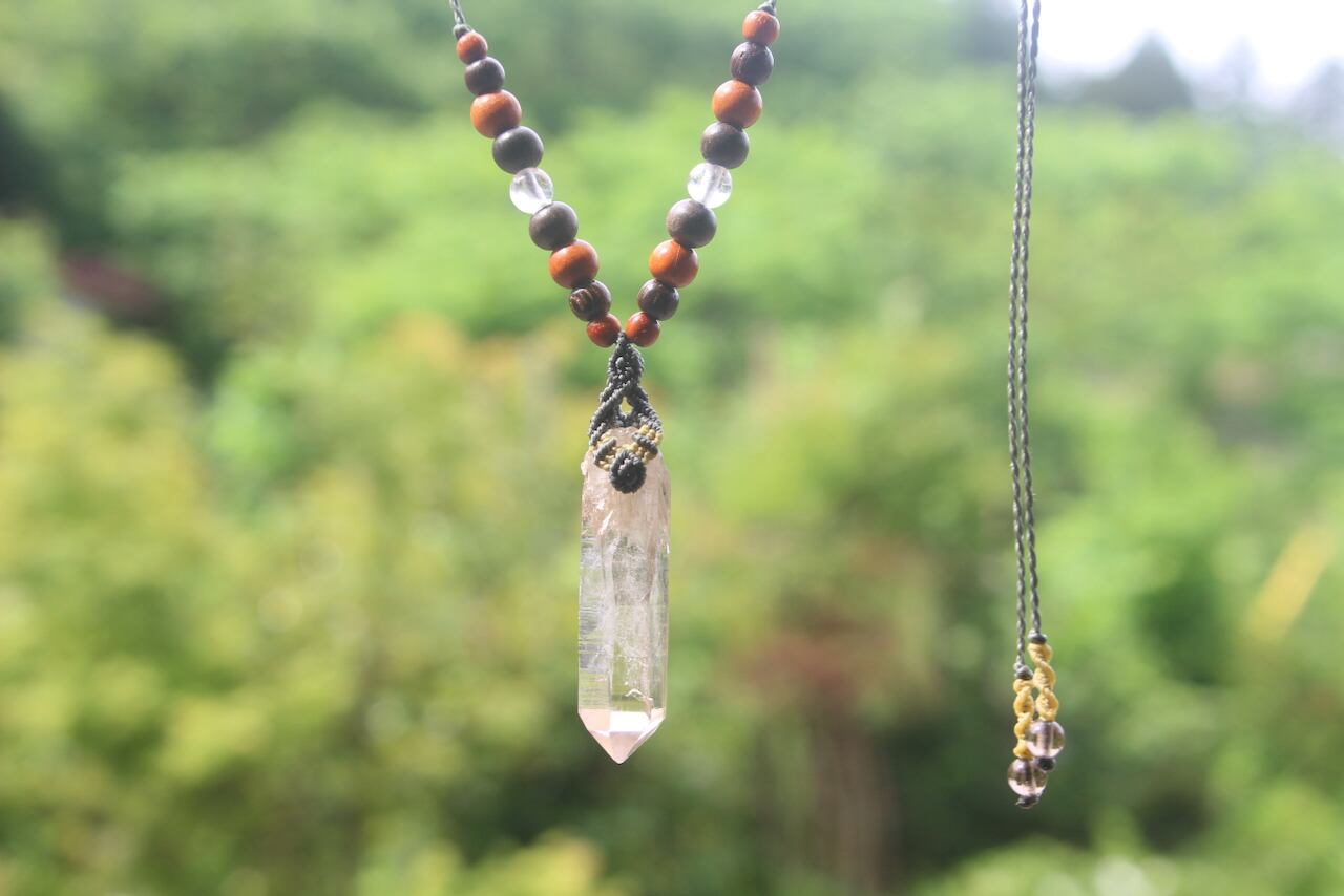 Himalayan crystal micro macrame wood pendant