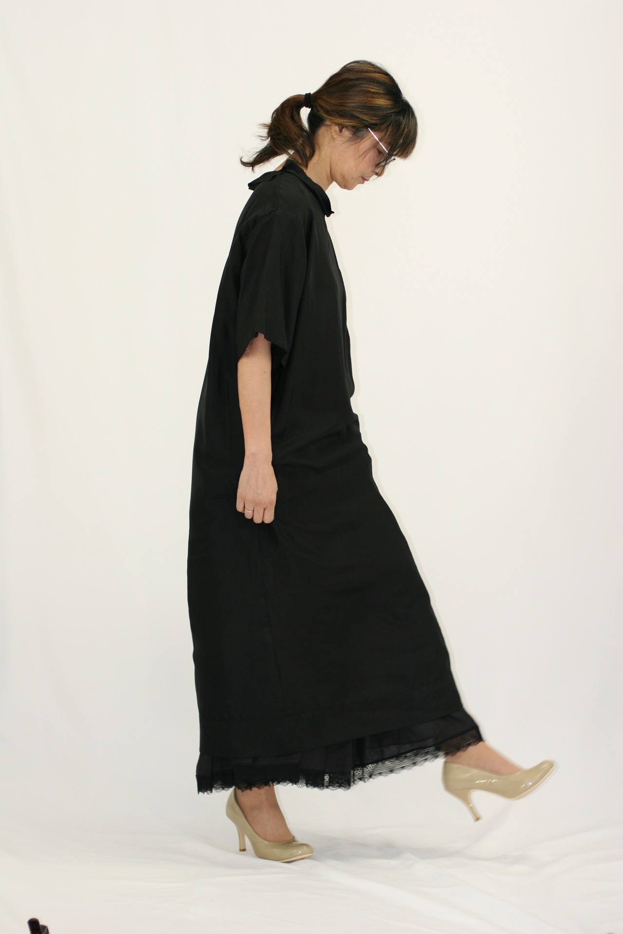 TOWAVASE(トワヴァーズ）Souplesse silk long T-shirt シルク羽二重 ワンピース /black・renga・ivory