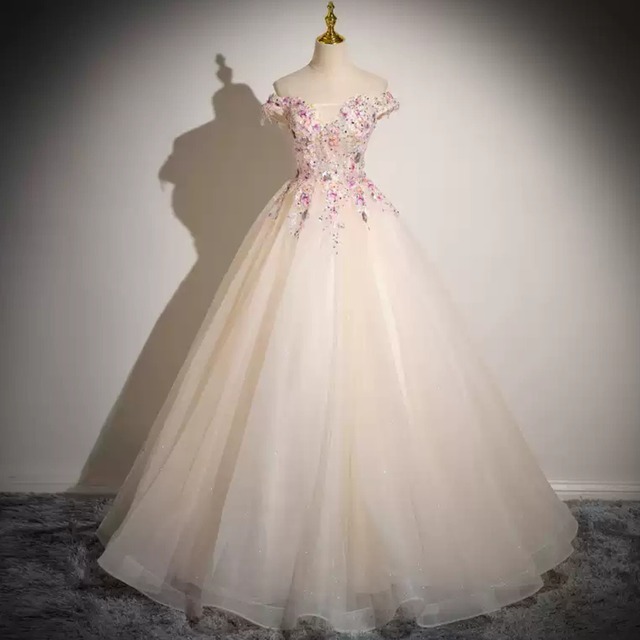 スパンコール刺繍オフショルダーAラインドレス CL0076