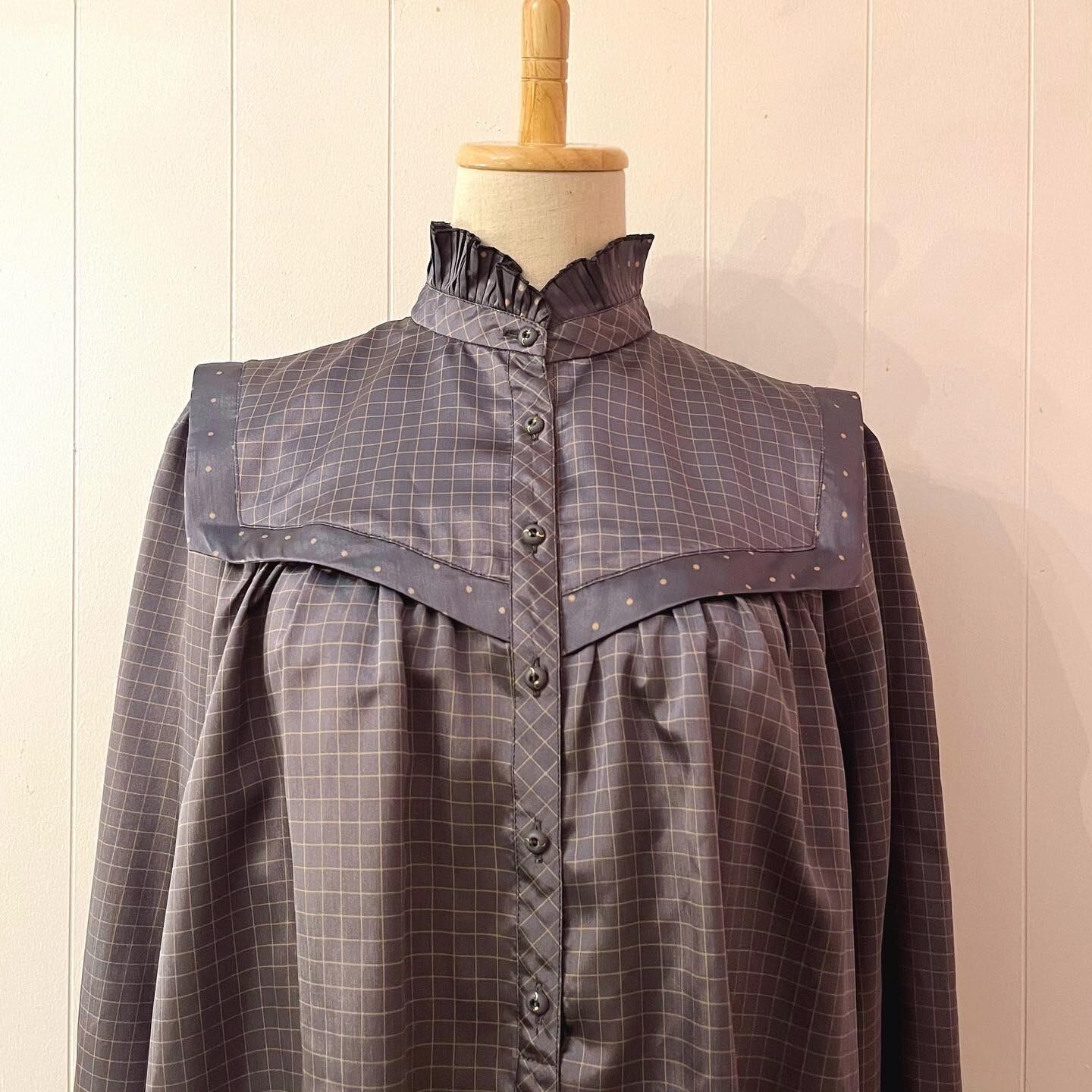blue gray check long blouse