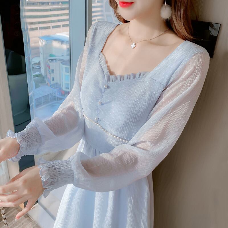 Yushiシリーズ ワンピース 可愛い 真珠 水色 ペンタゴンネック フリフリ ライトブルー 長袖 優しい Miyabigo